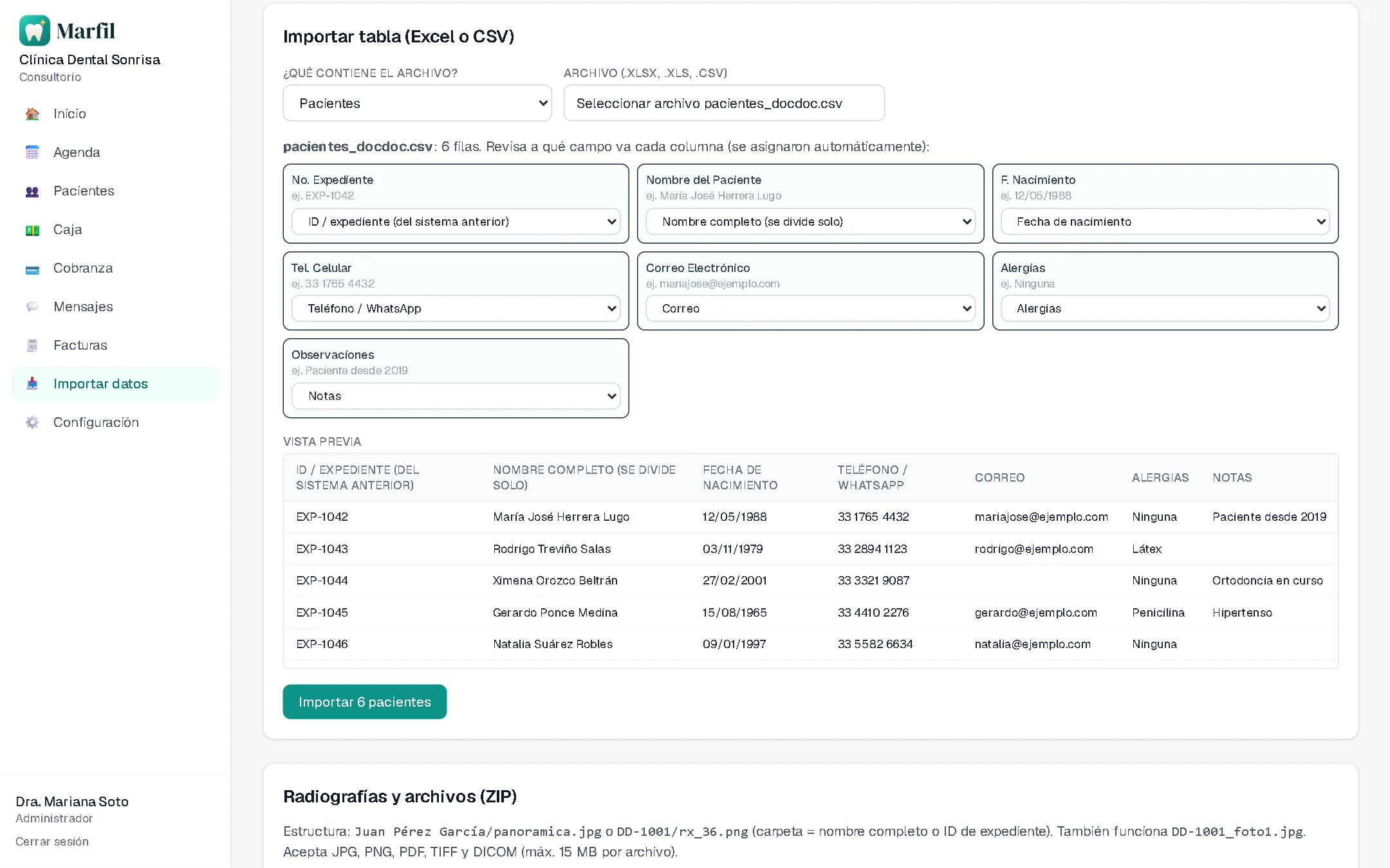 Importador de Marfil reconociendo automáticamente las columnas de un archivo de pacientes