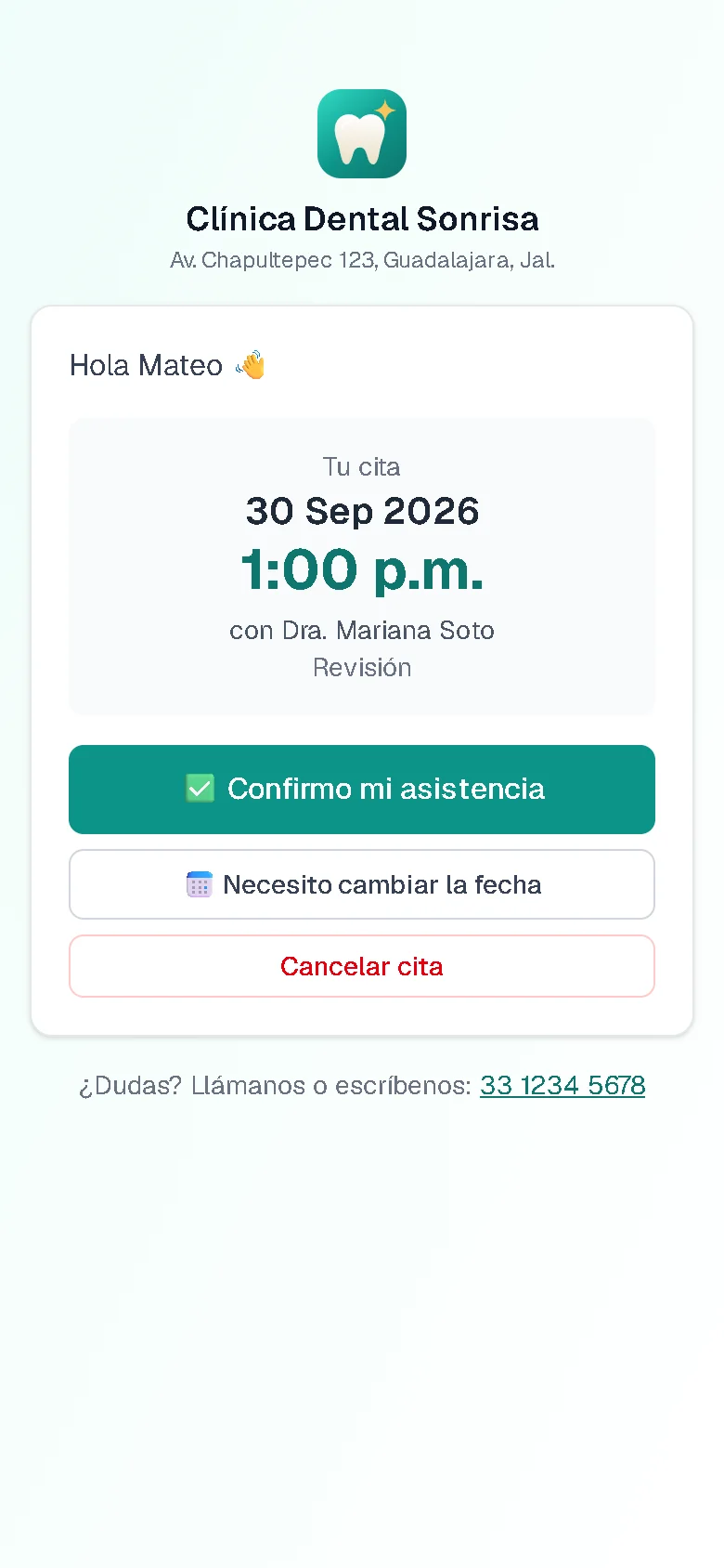 Página en el celular donde el paciente confirma su cita con un botón